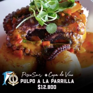 Pulpo a la Parrilla incluye pisco sour  y copa de vino