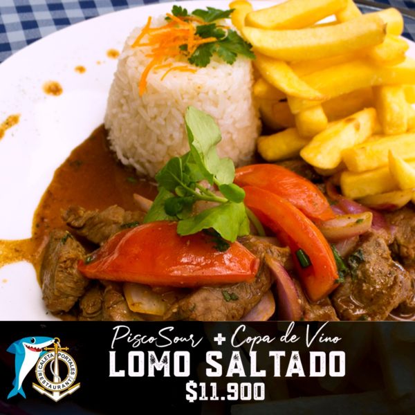 Lomo Saltado Incluye Pisco Sour y Copa de vino